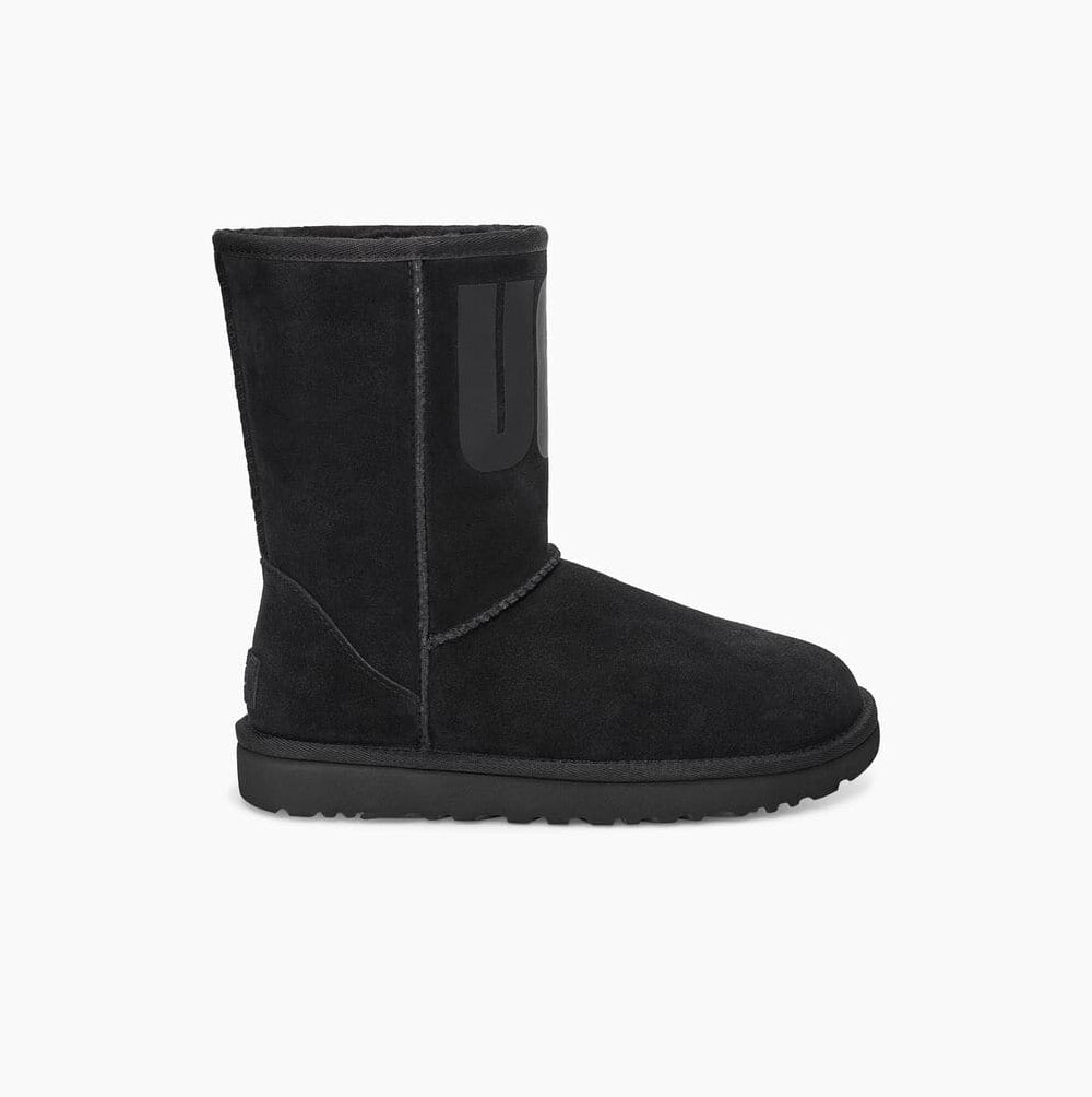 UGG Classic Short UGG Rubber Logo Black Boots for Women (OWRA20648)